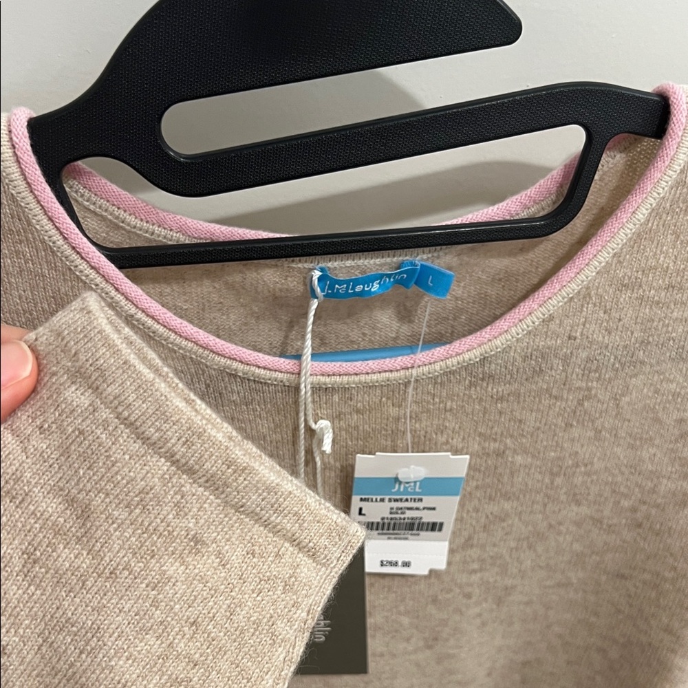 J. McLaughlin Tan Crewneck Sweater with Pink Trim - Picture 5 of 8